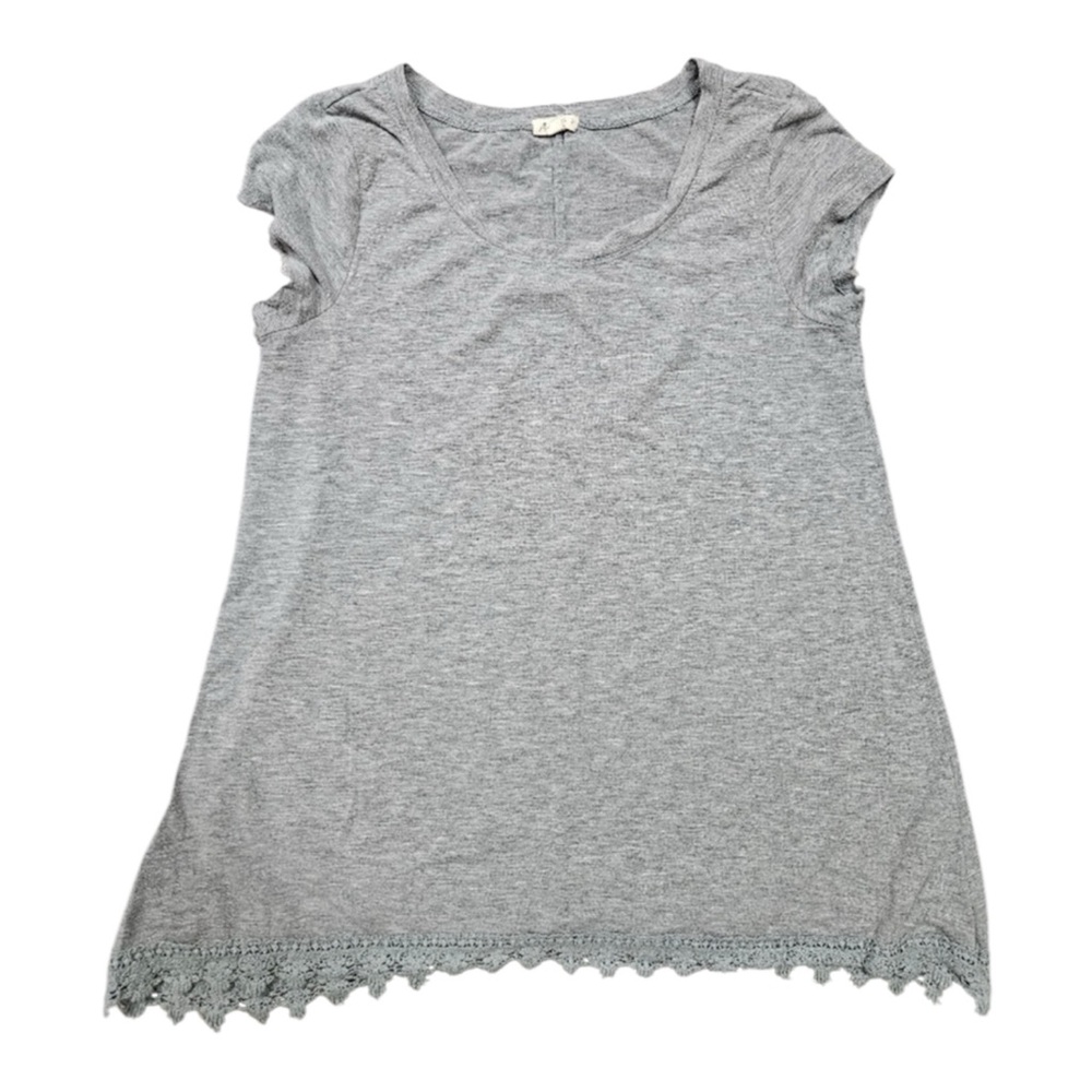 Ardene Gray Short Cap Sleeve Crew Neck Lace Trim Top Size Large